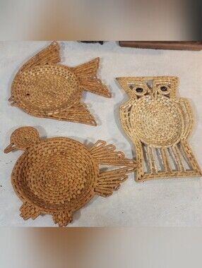 1970's Handwoven Natural Rattan Bird, Fish & Owl Wall Accent Set- Natural Brown